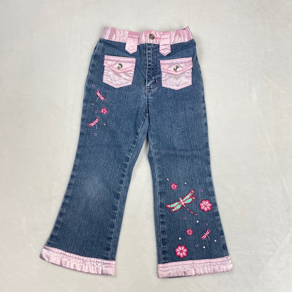 Mudd Jeans Cotton Denim Pants Kids 4T Blue Pink Excellent Y2K Dragonfly Ruffle